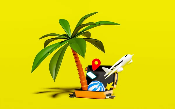 Palm tree, beach ball, starfish, plane, smart phone and a map pin jumping out of opened suitcase on lime background. 3d rendering