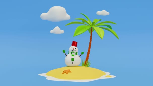Lindo Muñeco Nieve Feliz Balanceándose Una Pequeña Isla Tropical Animación — Vídeo de stock