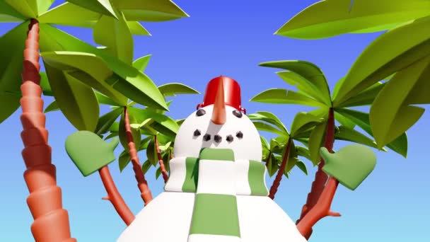 Gelukkige Sneeuwpop Die Onder Palmbomen Loopt Looping Animatie — Stockvideo