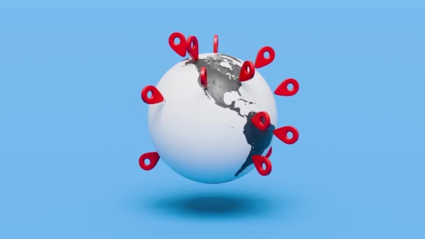 Dünya Harita Iğneleriyle Kaplı Modern Konum Navigasyon Takip Konsepti Animasyon — Stok video