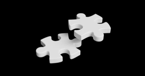 Two White Jigsaw Puzzle Pieces Getting Connected Black Background — Stock Video