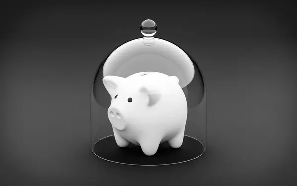 White piggy bank kept safe under glass cloche. 3d rendering of a safe savings or investment