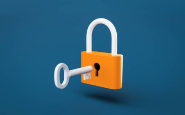 Koyu mavi arkaplandaki anahtar ve asma kilit 3D görüntüleme