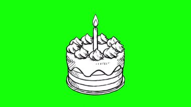 Yeşil arka planda bir doğum günü pastasının el çizimi animasyonu