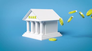 Banka binası ve madeni paralar mavi arkaplanda görünüyor