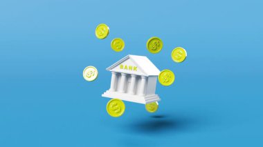 Banka ve sikkeler mavi arkaplan üzerinde süzülüyor 3d döngü animasyonu