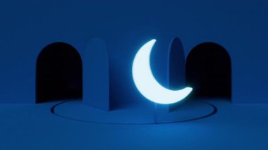 Güneş ve ay değişimi, mavi arka planda kapıdan girip çıkmak 3D döngü animasyonu