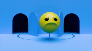 Gülümseyen ve üzgün emojinin birbirine dönüşmesi arka plandaki kapıdan girip çıkması.