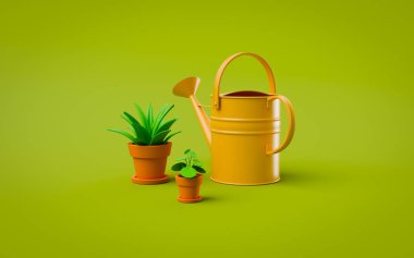 Yeşil arka planda duran saksılarda küçük bitkiler ve kaliteli sulama tenekeleri 3D görüntüleme