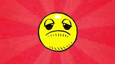 Yıldız patlaması arka planında mutlu ve üzgün emoji değişimleri 2d çizgi roman tarzı döngüsel animasyon