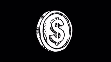 Dolar işaretli el çizimi bozuk para siyah zemin üzerinde izole edilmiş 2d döngü canlandırması