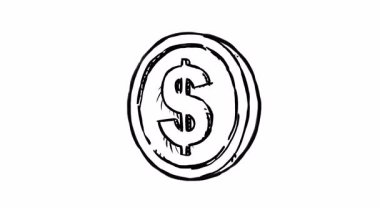 Dolar işaretli el çizimi bozuk para siyah-beyaz 2d döngüsel animasyona dönüşüyor
