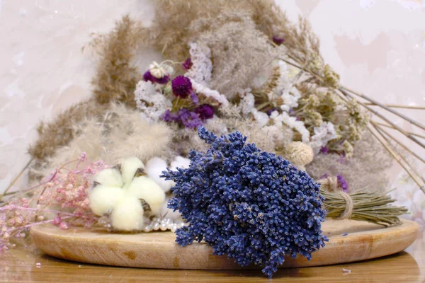 lavender flowers on a tray. Bouquet of dried flowers.