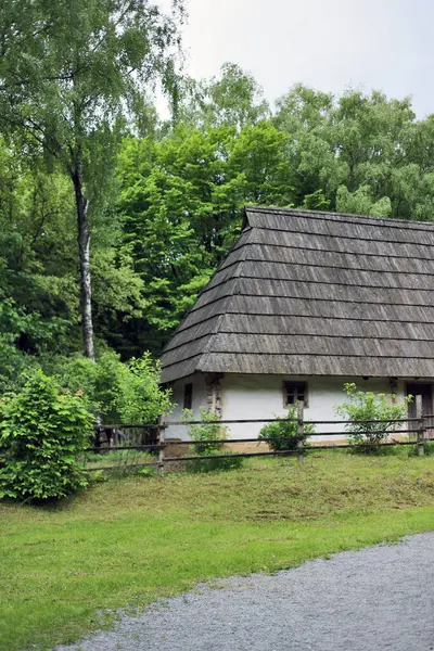 Ormandaki ahşap ev. Ormandaki ev. Etnik Ukrayna evi. Beyazlatılmış ev