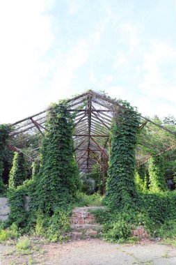 Eski, paslı bir metal çerçeveden yapılmış bir yapı. Terk edilmiş bir sera..