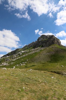 Kuzey Karadağ 'daki dağ zirvesi. Dağın eteğindeki yeşil çimenlik