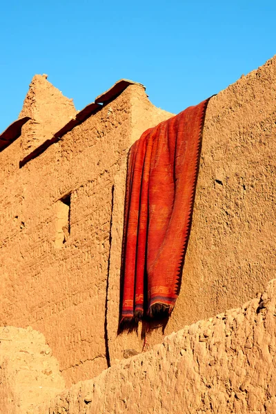 Drying carpet on the earthen walls of the house, Morocco