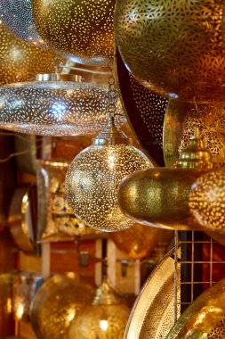 Shaining moroccan metal lamps in the shop in medina of Marrakesh, Morocco