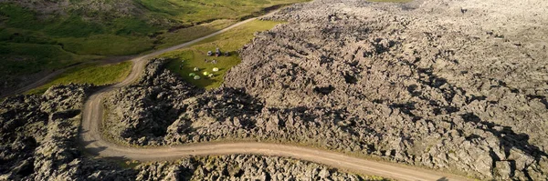 Iceland Top View Tents Road Vehicles Tourists Camp Lava Field — Stock Photo, Image