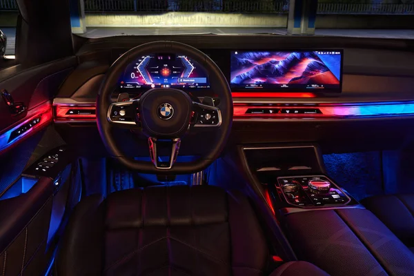 Bmw Series Colorfully Illuminated Interior Car View Centrally Steering Wheel — Stock Photo, Image