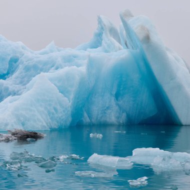 İzlanda 'da mavi bir buzdağı. Jokulsarlon gölüne akan bir buzdağı, buzulun ön tarafından ayrılmış..