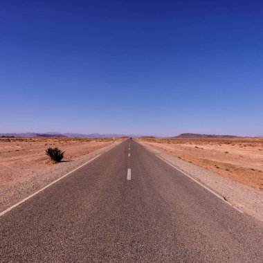 Fas Sahra 'sında ufka uzanan boş çöl yolu. Sonsuz asfalt karayolu ile dramatik kompozisyon canlı mavi gökyüzü altında kurak araziyi kesiyor. Macera yolculuğu konsepti
