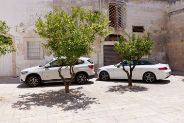 İki beyaz lüks araç, bir BMW X1 SUV ve Mercedes-Benz C-Sınıfı Cabriolet, taştan bir avluda limon ağaçlarının yanına park edilmiş. Arabalar kırsal mimariyi tamamlıyor. 26.06.2022, Monopoli, İtalya