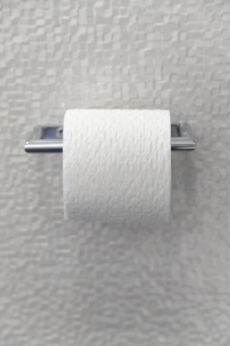 Beyaz bir tuvalet kağıdı, ince dokulu desenli bir duvara monte edilmiş gümüş bir tutacağa düzgünce asılmış. Temiz görünüş banyonun minimalist tasarımını geliştirir.