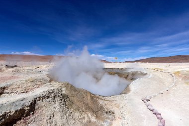 Avaroa Ulusal Parkı 'nda buhar menfezleri ve sarı sülfür yataklarıyla aktif jeotermal alan. Yüksek rakımlı volkanik arazide, canlı mavi gökyüzü altında doğal kaynaklar ve gayzerler..