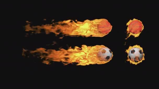 Football Basketball Balls Fly Burn Transparent Background Alpha Channel — Stock Video