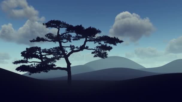Lonely Zen Tree Night Fog Clouds — 图库视频影像