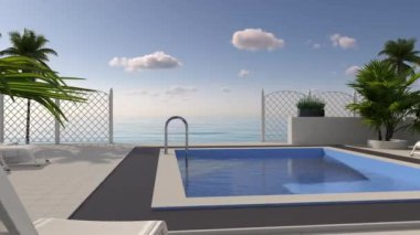 Rest near the sea in a hotel with a swimming pool and palm trees. Tourism and vacations in the tropics by the ocean on a chaise longue.