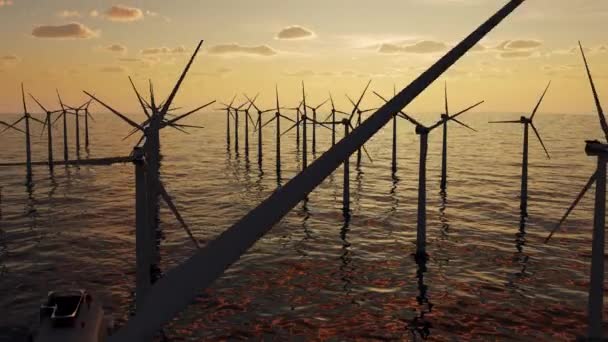 Величезні Вітрові Турбіни Виробляють Електроенергію Стоїть Морі Заході Сонця — стокове відео