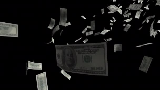Vallende Vliegende Biljetten Van Honderd Dollar Biljetten Een Transparante Achtergrond — Stockvideo