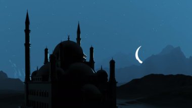 Ramazan ayında cami üzerinde büyük bir ay yükseliyor..