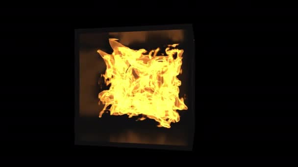 ガラスのキューブに火を燃焼火災 煙とアルファチャンネルで透明な背景に燃えるビデオ遷移 — ストック動画