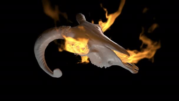 Koçun Kafatası Alfa Kanallarıyla Ateş Püskürtür Atmosferik Cadılar Bayramı Arkaplanı — Stok video