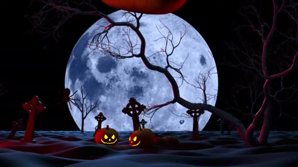 День Святых Огромная Тыква Фоне Кладбища Луны Атмосферный Хэллоуин Фон — стоковое видео
