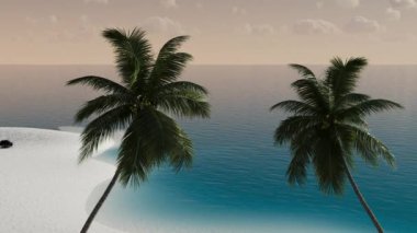 Güzel bir yaz, deniz kenarındaki tropikal manzarada palmiye ağaçları, sahil ve su. Deniz ve sahil. Seyahat, seyahat, turizm, tatil, dinlenme.