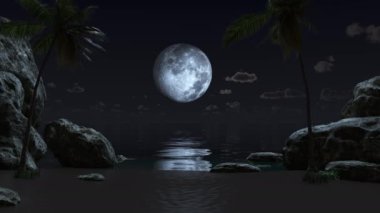 Palmiye ağaçları, deniz ve plajlı ay manzarası. Seyahat, seyahat, seyahat, turizm, tatil, dinlenme..