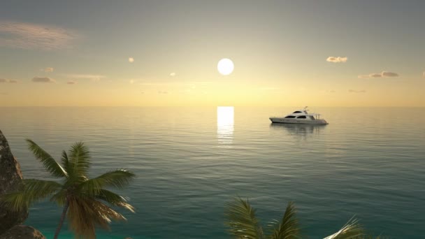 サンラウンジャーと海の近くのヨットとヤシの木 海とビーチで夏の風景 リラックス — ストック動画
