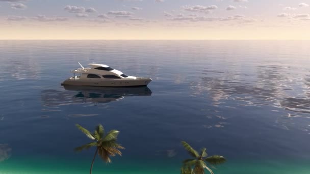 夏日的风景 有一个日光浴者和一个游艇靠近大海与棕榈树 大海和海滩 — 图库视频影像