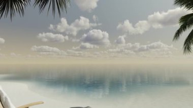 Yaz manzarası, güneşli bir şezlong ve deniz kenarında palmiye ağaçları, deniz ve plajı olan bir yat. Seyahat, seyahat, turizm, tatil, dinlenme.