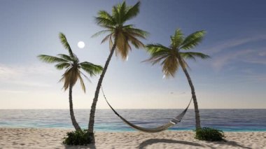 Denize yakın, palmiye ağaçlı tropik bir sahilde tatil..
