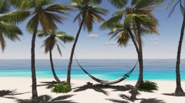 Denize yakın, palmiye ağaçlı tropik bir sahilde tatil..