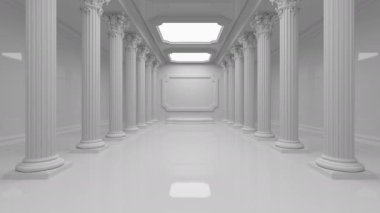 Beyaz tonlarda sütunları olan bir oda ya da koridor.