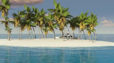 Okyanusta tropik bir ada Palmiye ağaçları ve denizde bir yat.