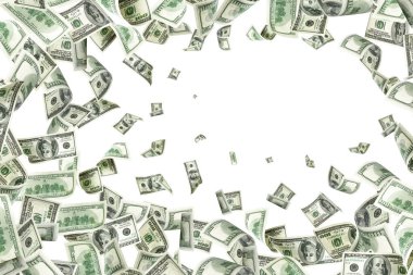 Amerikan doları. Amerikan parası, düşen para. Beyaz arka planda izole edilmiş 100 dolar uçmak