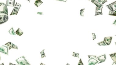 Amerikan doları. Amerikan parası, düşen para. Beyaz arka planda izole edilmiş 100 dolar uçmak