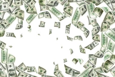 Yüz dolarlık banknot. Düşen para beyaz arka planda izole edilmiş. Amerikan parası